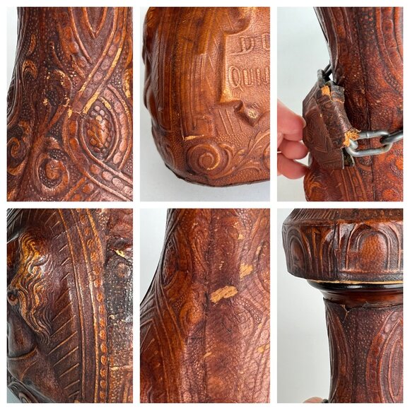 Vintage Jeyre Embossed Leather Don Quixote Decanter Wine Whiskey Spain set of 2 - Picture 16 of 16